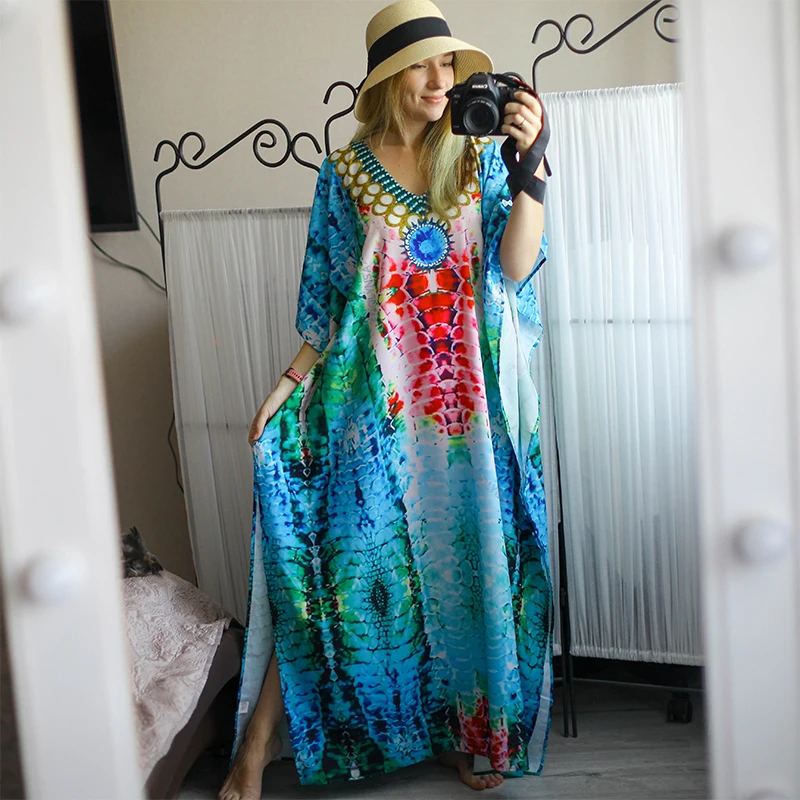 Пляжная накидка туники для пляжа шифоновый длинный кафтан с принтом на бикини