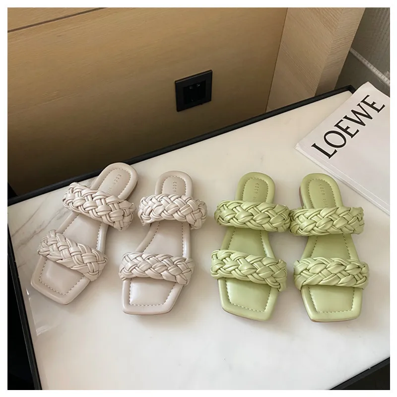 

2021 Summer New Square Toe Fashion Woven Twist Braid Double Belt Sandals