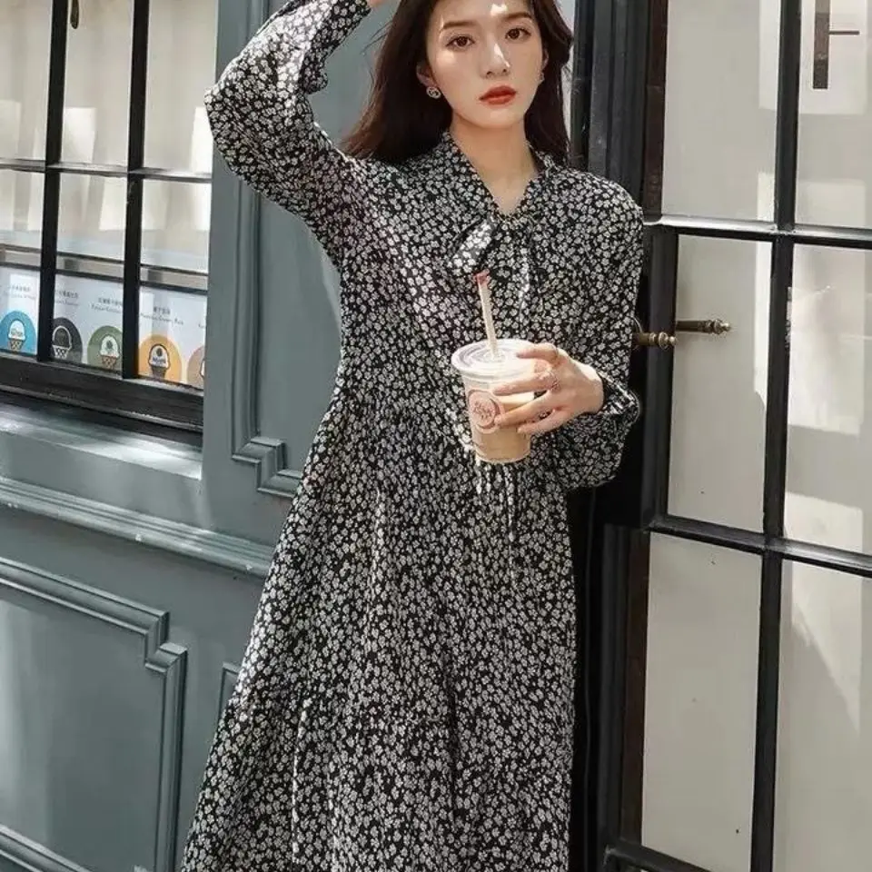 

Women's Floral Korea Vintage Unif Party Print Boho Chic Dress Flower Clothing Long Sleeve Autumn Winter 2021 Bow Base Dresses