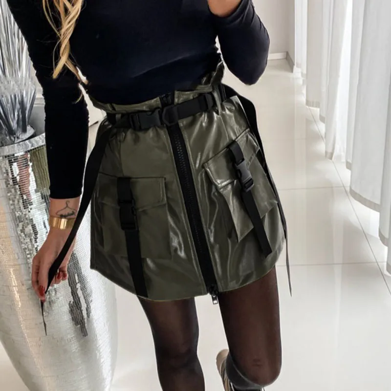 Женская кожаная юбка карго с завышенной талией мини юбки из искусственной кожи