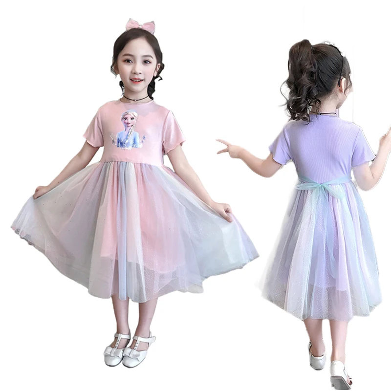 

2022 New Children's Clothing Frozen Elsa Princess Dresses Baby Girls Cartoon Elsa Short Sleeve Mesh Skirts Everyday Casual Dress