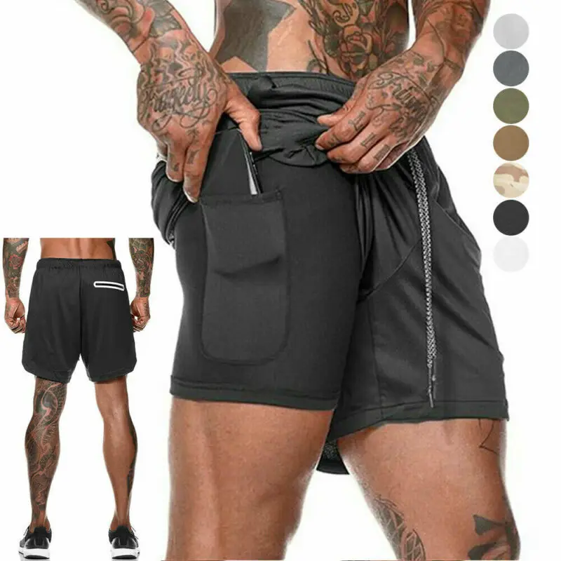 

2-in-1 Shorts Mens Running Workout Exercise Built In Pocket Jogger Sports Pants