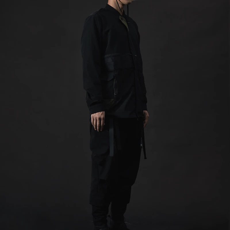 PUPIL TRAVEL Techwear Dark Watcher Men's Black Crewneck Cargo Long Sleeve Shirt Molle Design Hip Hop Style Punk Fashion