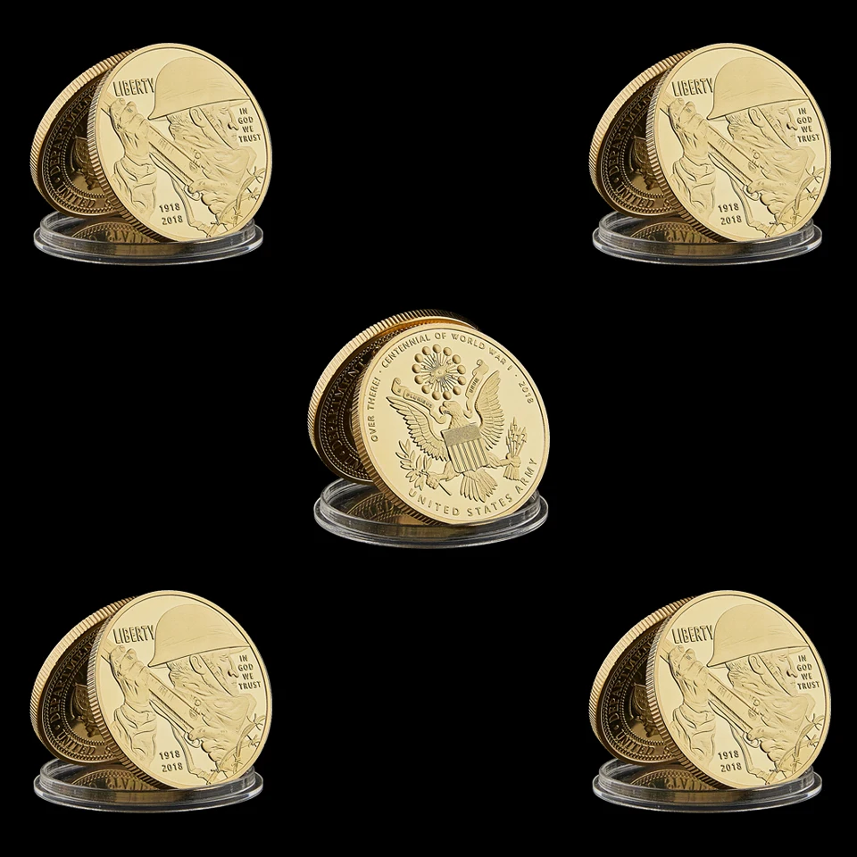 

5PCS WWI USA Challenge Coin Collection Value Gold Plated Liberty Soldier Army 100th Anniversary Century Coin (1918-2018)