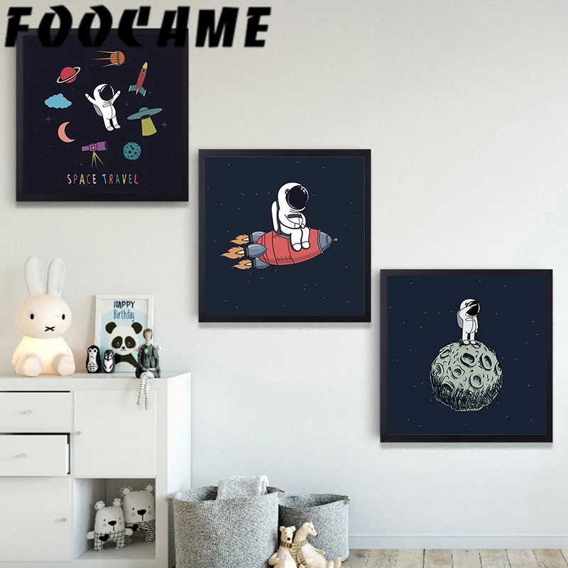 Мультяшный космонавт космическая планета Луна скандинавский холст печать