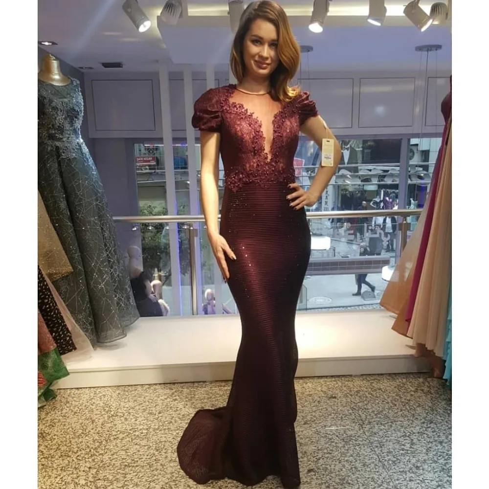 

2019 Новые Вечерние платья Драгоценности короткий рукав кружевное с аппликацией из бусин размера плюс Русалка Выходные туфли на выпускной ба...