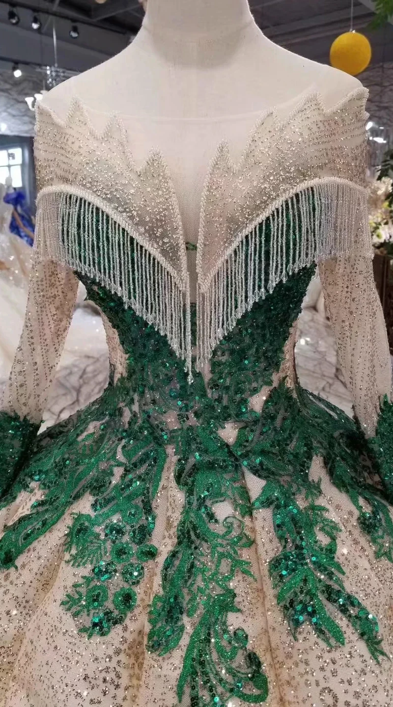 

BGW 21823ht Ball Gown Evening Dresses With Green Appliques Special O-neck Long Sleeves Prom Dresses Curve Shape Ladies Dresses