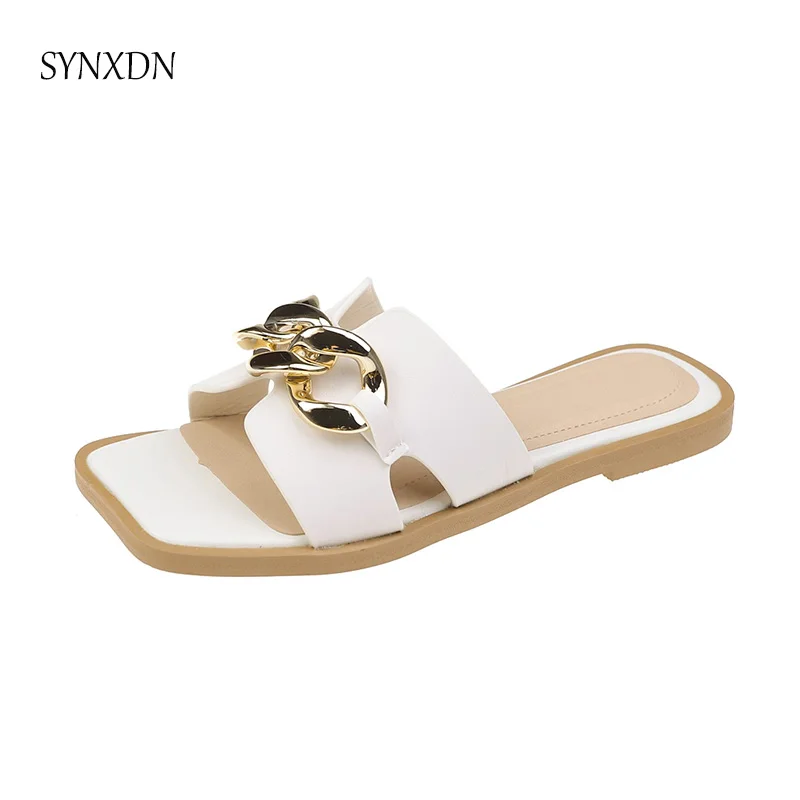 

New Summer Women Slippers Flat With Women Shoes Chain Leather Office lady Sandals Outside Girl Slides Soft Comfortable Female