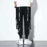 minimalist black pants men stylish ribbons baggy tactical trousers casual overalls teenager sports jogger drawstring sweatpants