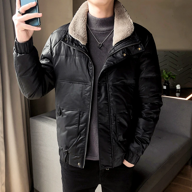 Зимний теплый мужской мотоциклетный кожаный пуховик пальто с воротником из