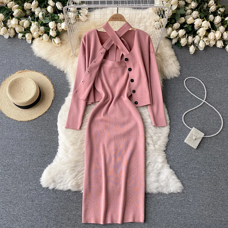 

High Quality Autumn Winter Casual Knitted Two Piece Set Women Crop Top Cardigan Coat + Sexy Lace Up Bodycon Sweater Dress Suits