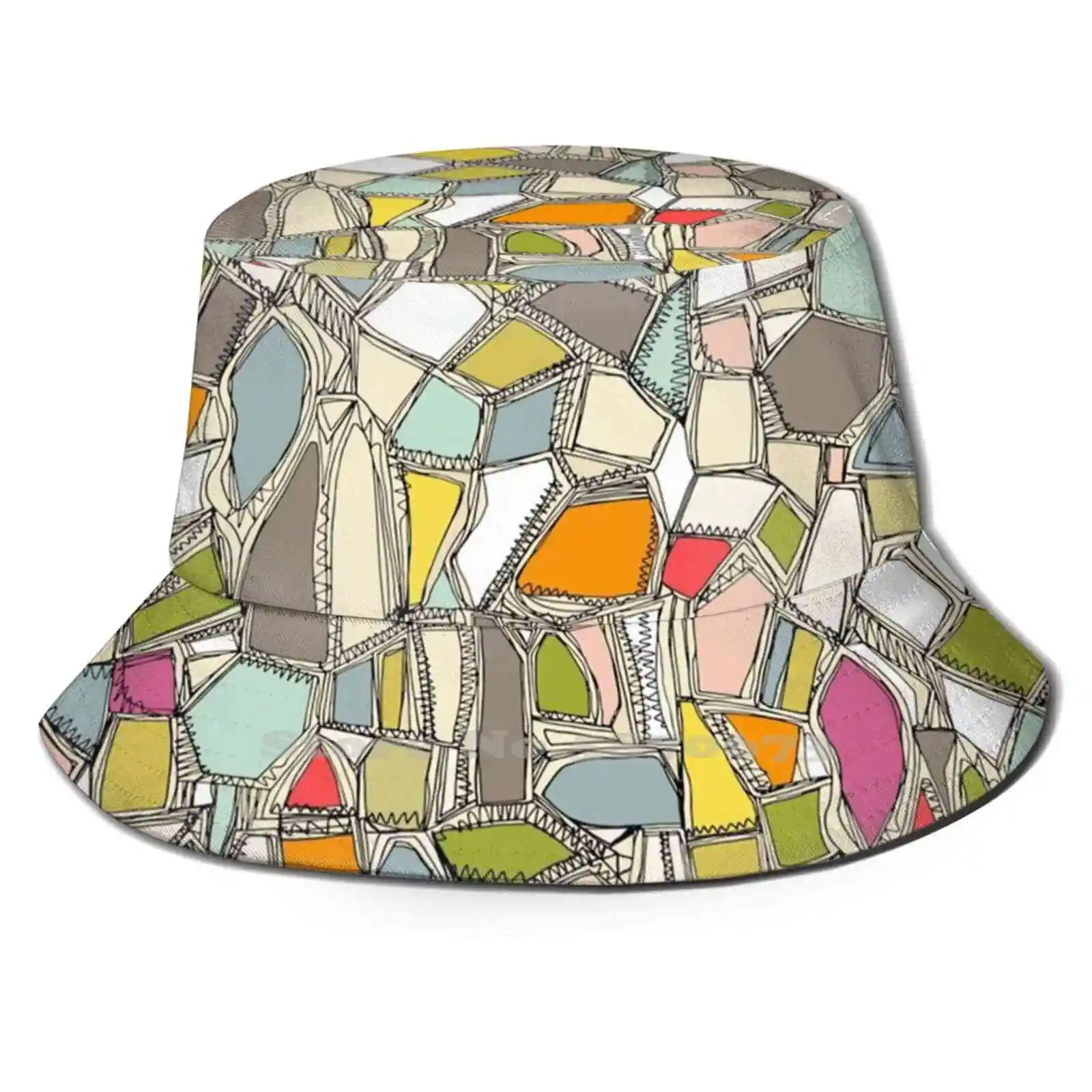 

Broken Pop Uv Foldable Bucket Hats Women Men Shattered Broken Crack Glass Tempered Illustrative Mosaic Pattern Line