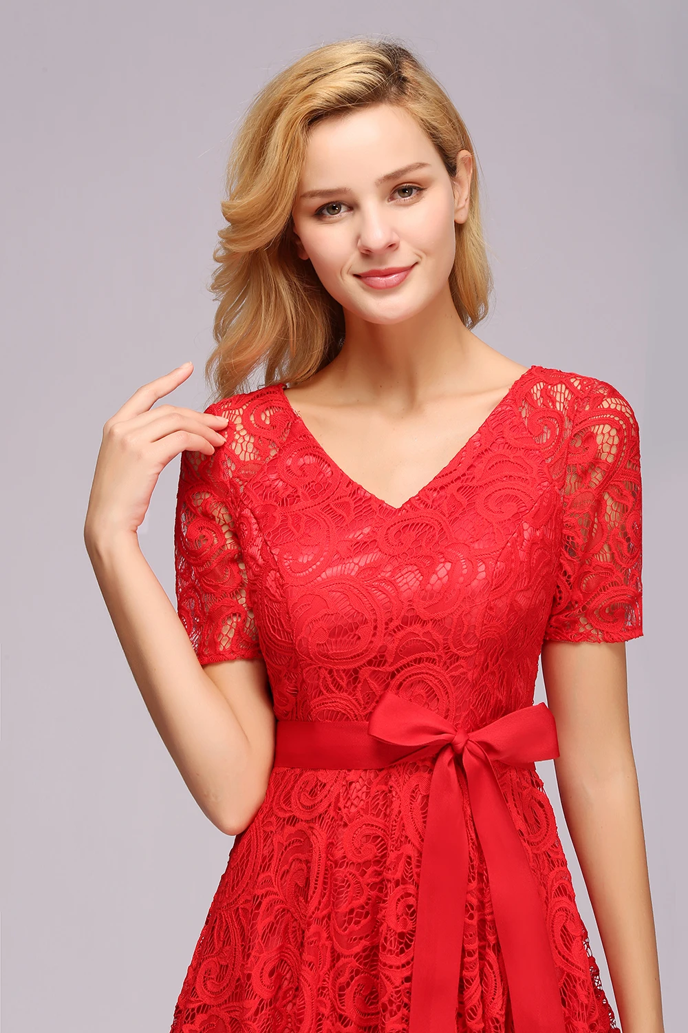 

2019 Short Evening Dress Elegant Pink Red Lace Evening Dresses Dark Blue Party Formal Dress Women Prom Gown with Bow Tie