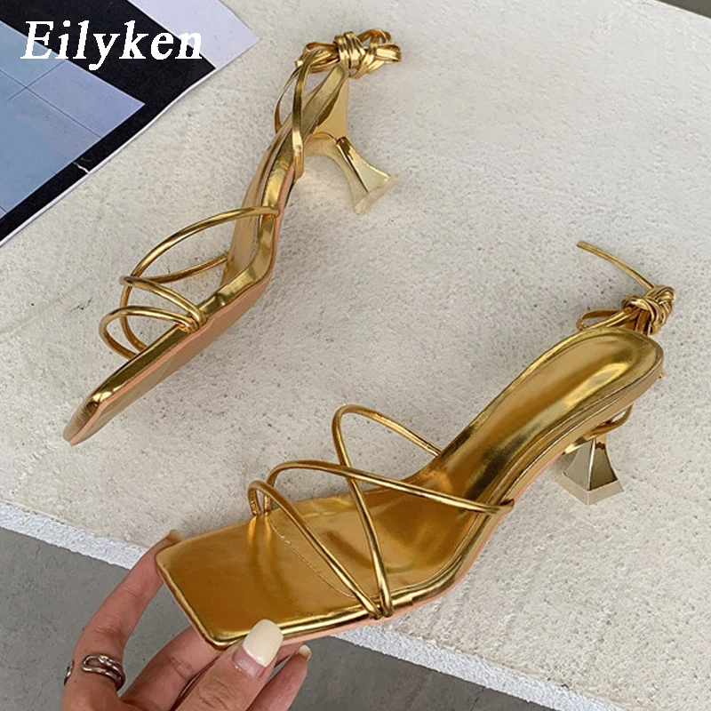 

Eilyken Fashion Rome Women Sandals Designer Thin Low Heel Lace-Up Summer Square Toe Gladiator Casual Narrow Band Ladies Shoes
