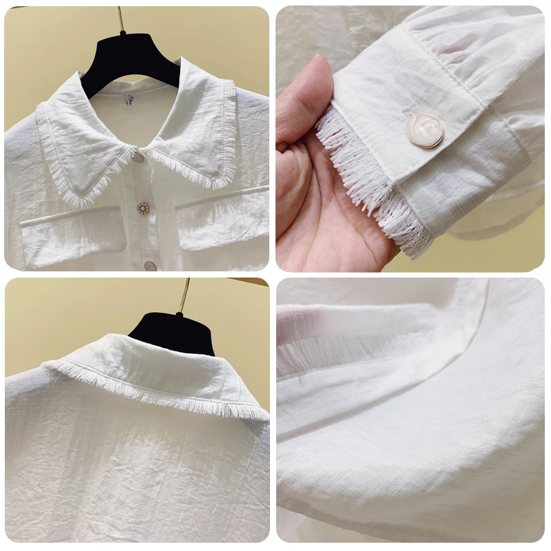 Женская рубашка с длинным рукавом белая универсальная свободными краями и