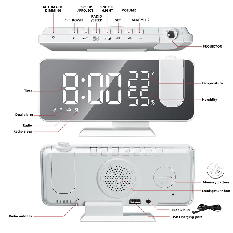 

LED Digital Smart Alarm Clock FM Radio Watch Table Electronic Desktop Clocks USB Wake Up Clock with 180° Projection Time Snooze