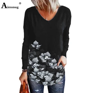 Women Elegant Leisure Casual T-shirt 2021 Autumn Boho Flower Print Tees shirt Long Sleeve Womens Top Clothing Plus Size S-3XL