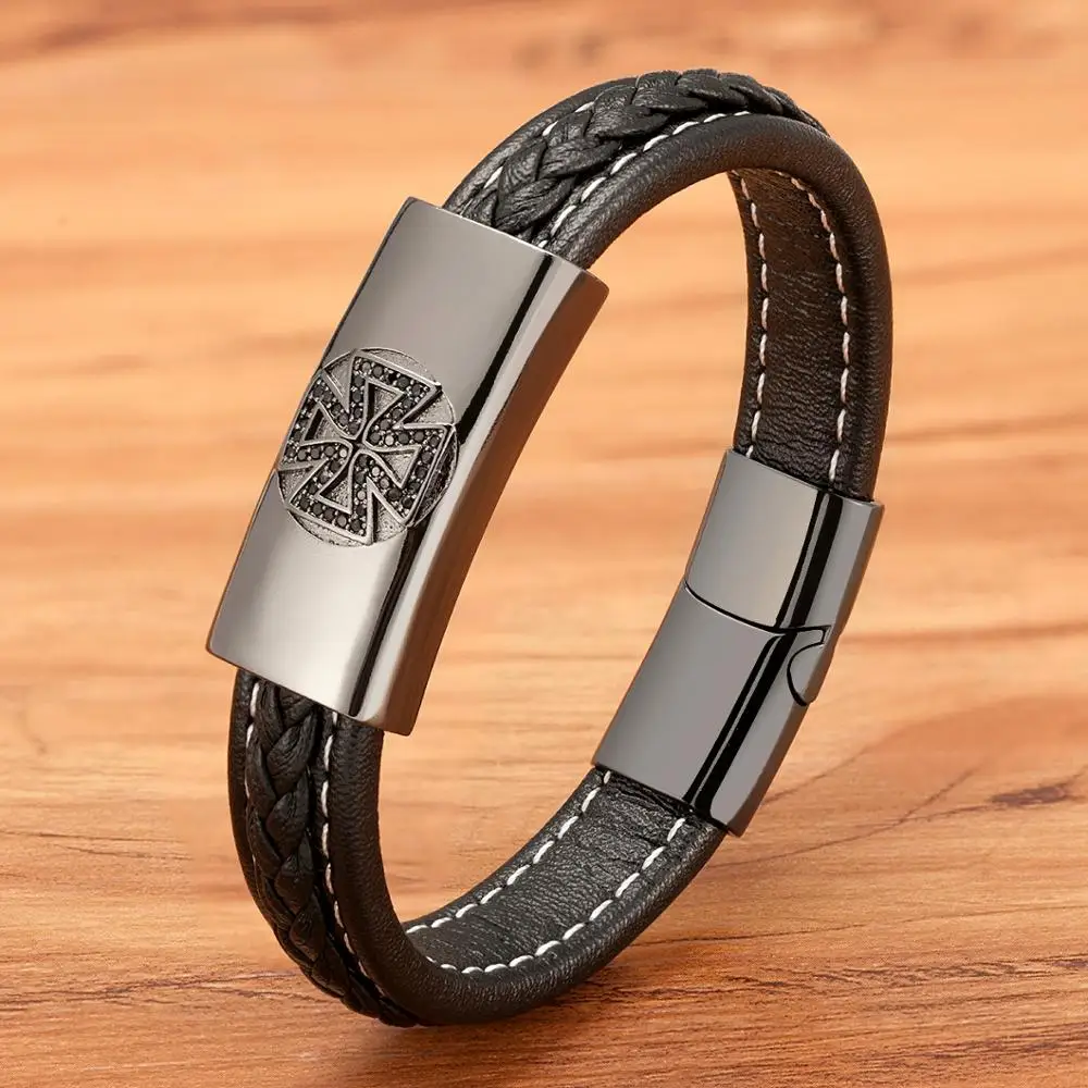 

TYO Lucky Leaf Black Stainless Steel Men's Leather Bracelet Cubic Zirconia Jewelry Surprise Birthday Gift For Friend