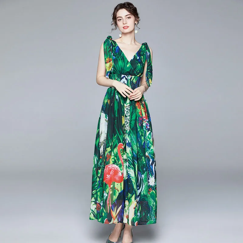 

Elegant Women Fashion Summer Runway Long Maxi Dress Designer Sleeveless V Neck Printing Chiffon Holiday Bohemian Vestidos