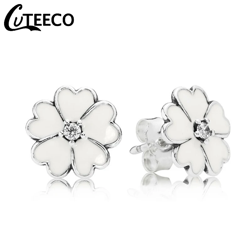Распродажа серьги гвоздики Cuteeco серебряного цвета с цветком вишни белая эмаль