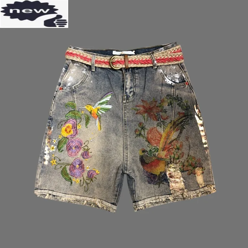 Vintage Straight Loose Drop Crotch Cross Casual Printed Denim Shorts Women Summer Distressed Ripped Knee Length Trousers