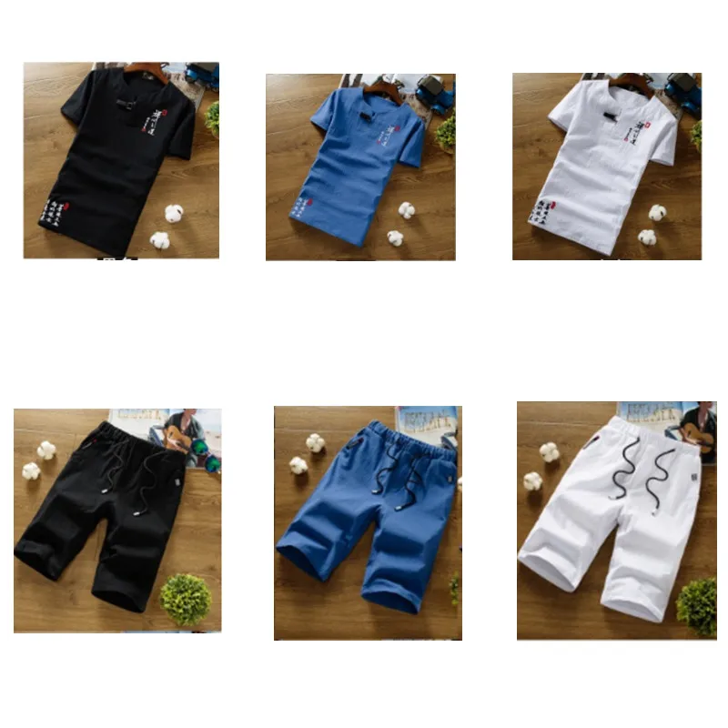 

Large size 6XL men's cotton and linen sets 2020 new fashion Chinese style men embroidered T-shirt with shorts