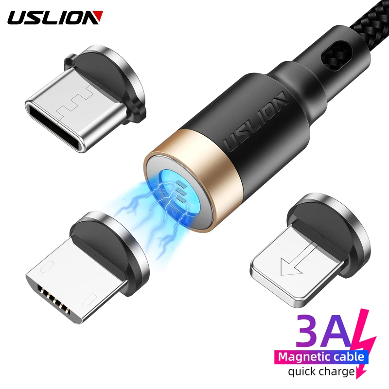 USLION, 3 А, быстрая зарядка, USB кабель, микро Тип C, магнитный, для мобильного телефона, магнитный, для передачи данных, USB, зарядное устройство для Xiaomi, samsung, для Iphone 11, XR