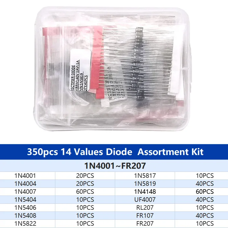 350pcs Rectifier Diode Kit Box FR107 FR207 1N4148 1N4001 1N4004 1N4007  1N5408 1N5819 1N5822 Fast Switching Schottky Diodes Set