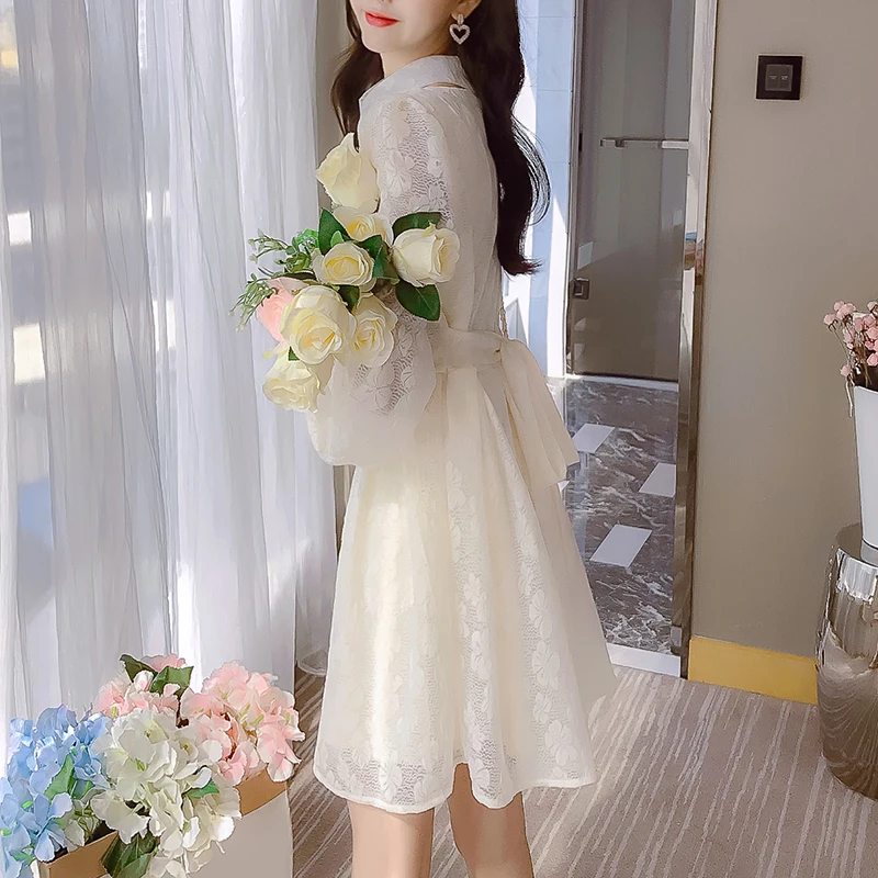 

Make sexy female closed hollow out lapel lace dress show thin waist lantern sleeve fair maiden temperament princess dress