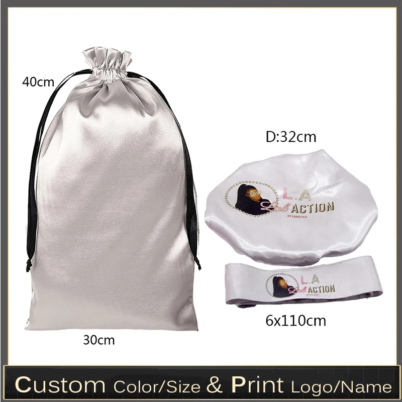 

18x30/30x40cm Silver Silk Satin Bag Hair Extensions Packaging Wrap/Headband/Bonnets/Cap/Bag Custom Logo Drawstring Gift Bags