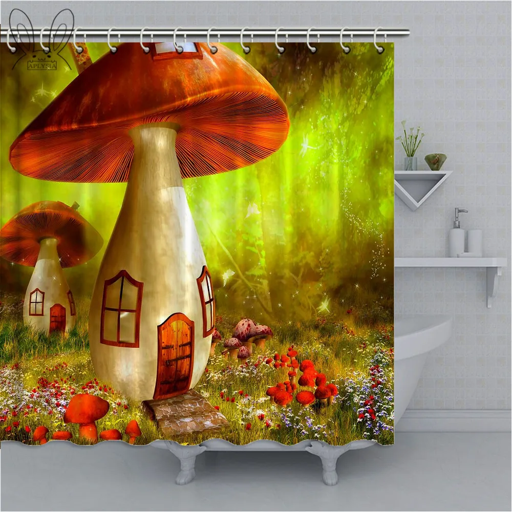 Занавеска для душа с рисунком деревьев и грибов | Дом сад