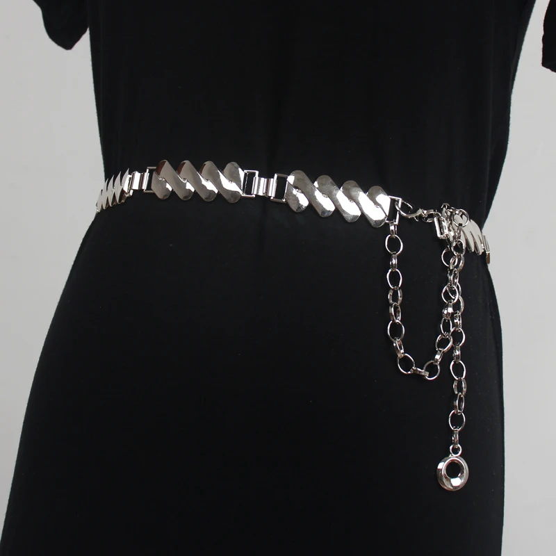 

Women's Runway Fashion Gold Silver Metal Chain Cummerbunds Female Dress Corsets Waistband Belts Decoration Wide Belt R2768