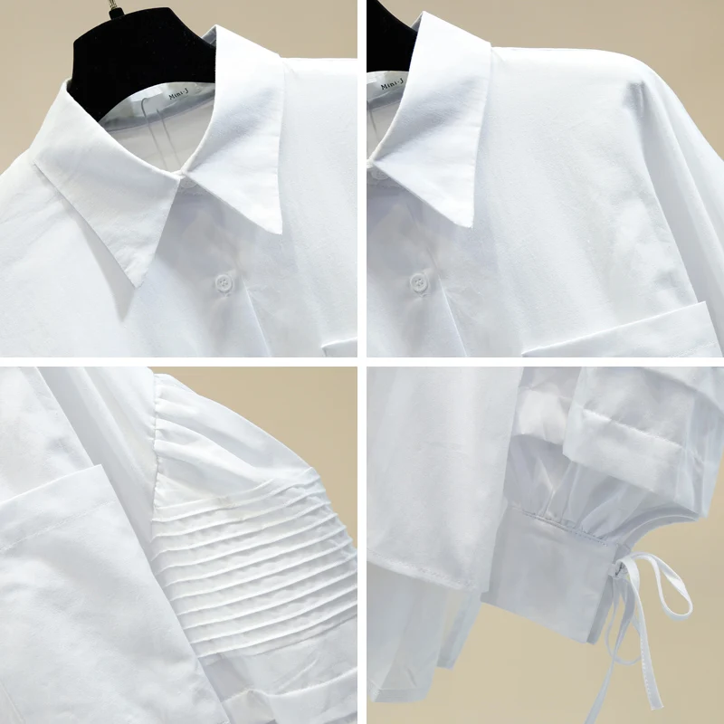 2021 Women Black Blouse Office Lantern Sleeve Front Short Back Long Big Pockets Wrinkle Loose White Shirt Women