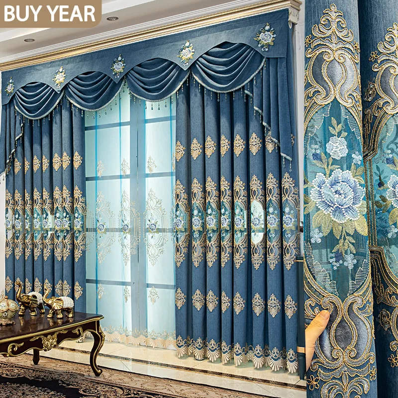 

European Style Curtains for Living Room Dining Bedroom Blue Chenille Curtains Tulle Curtains Finished Product French Window