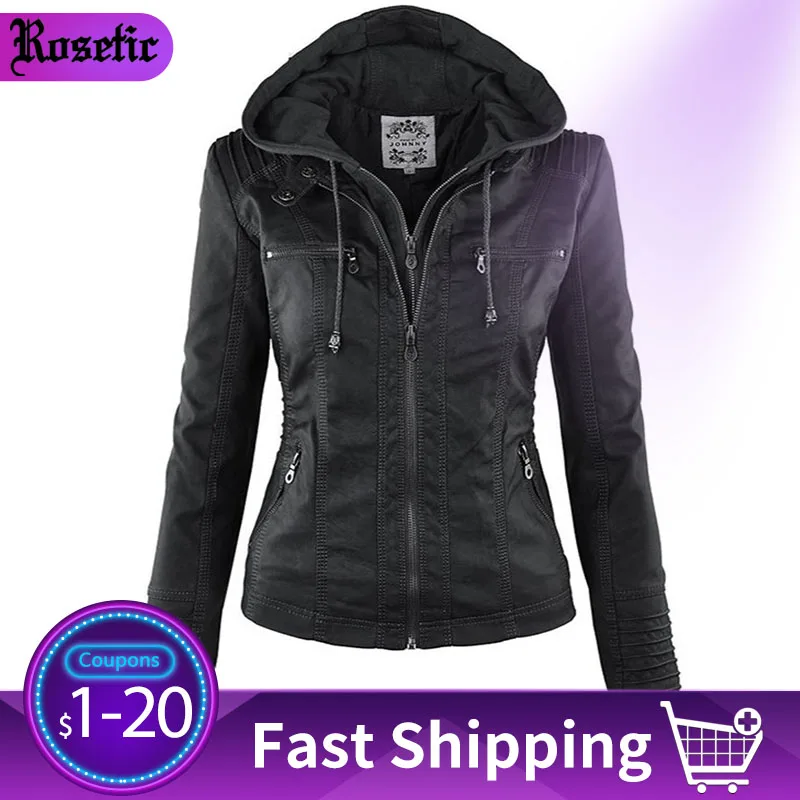 

Rosetic Women Female Goth Overcoats Faux Leather Jacket Women Hoodies Winter Autumn Motorcycle Jacket Black Outerwear PU Jacket