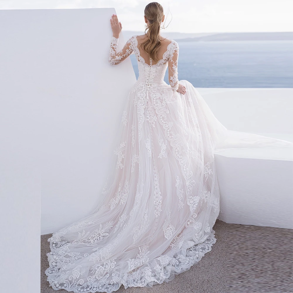 

Modest O-neck Lace bridal Gowns 2021 Fashion Long Sleeve Illsion Sweep Train A-line Wedding Dresses Vestido De Novia