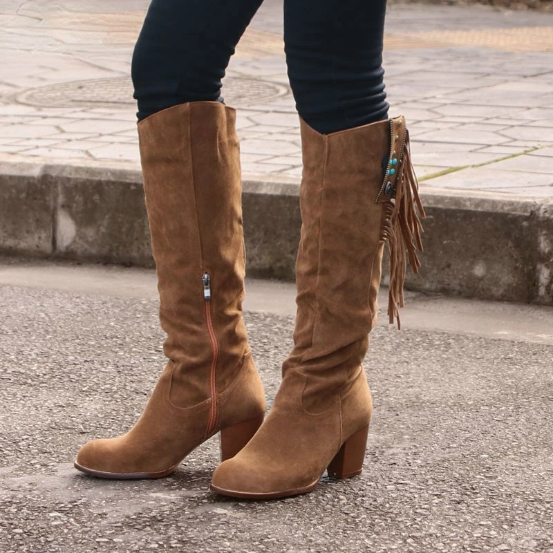 

2021 New Fashion Women Shoes Knee-high Western Ridding Brown Boots Lady Wedge Heel Tassels Cowboy Long Boots Autumn Female Shoes