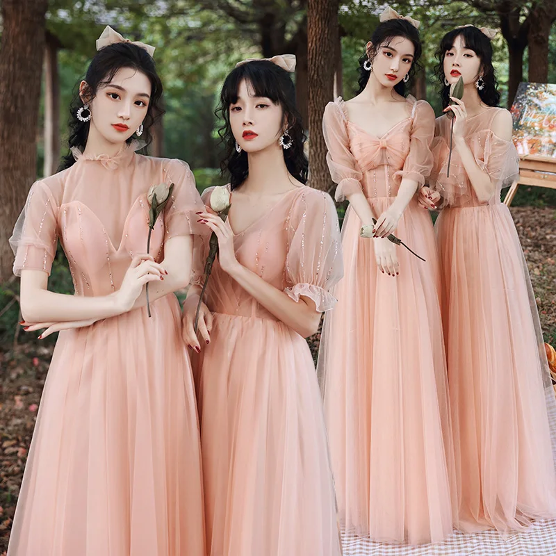 

Bridesmaids Dresses Illusion V-Neck Sequined A-Line Beading Short Lace Tulle Floor-Length Vintage Women Wedding Party Gown E381