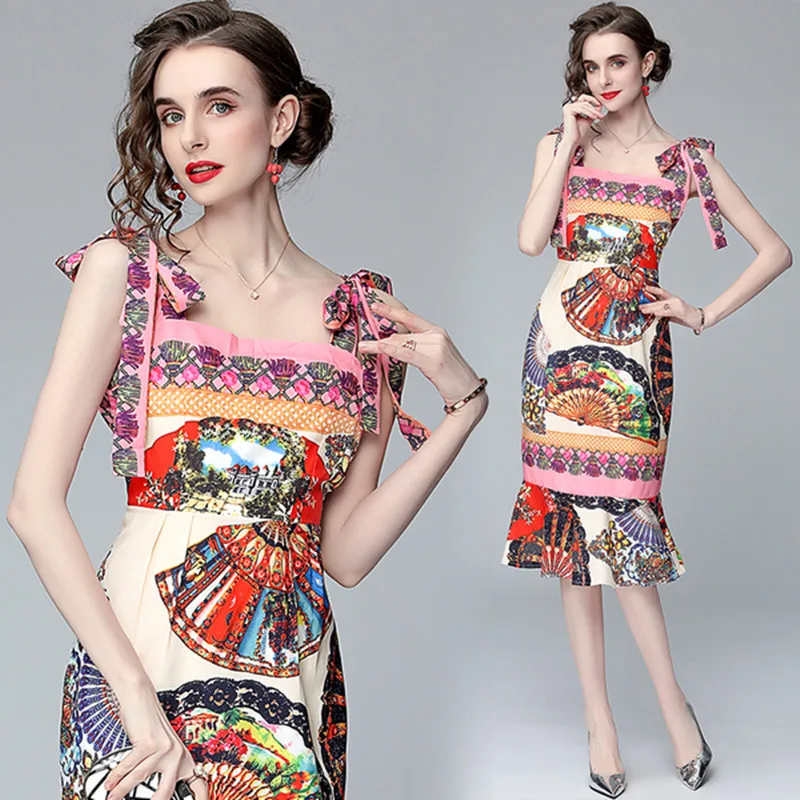 

2020 Spring Summer Women Runway Designer Spaghetti Strap Print Trumpet Dress Elegant Vintage Party Midi Dress Vestidos