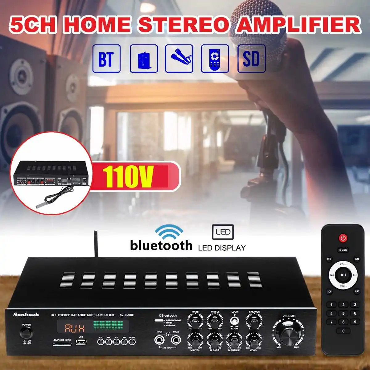 

AV-628BT 5CH bluetooth Amplifier Sunbuck 4ohm Stereo Surround Power Amplifier Digital Powerful Home Karaoke Cinema Music Player