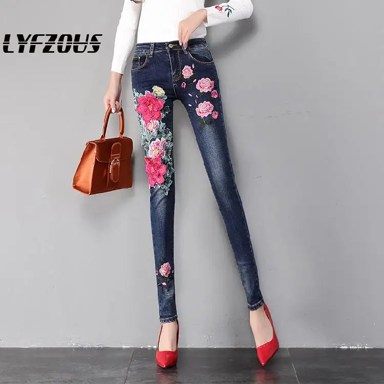 Ins джинсы с цветочной вышивкой женские джинсовые брюки пиона обтягивающие