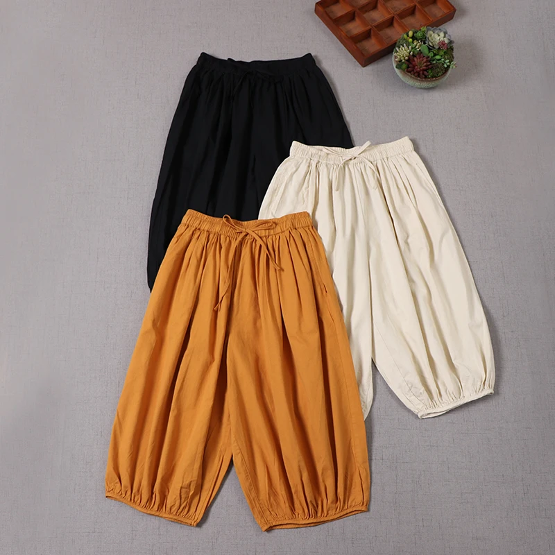 

Summer new Japan style casual wide leg pants loose Capris Solid Calf-length pants