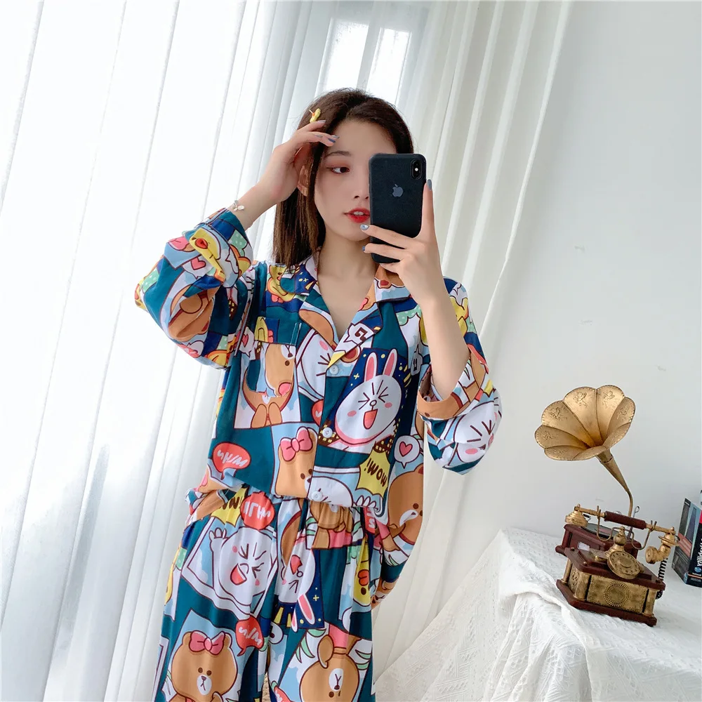 

2020 Summer new women's cotton silk pajamas long-sleeved trousers lapel cardigan home wear pajama set pijamas women cotton