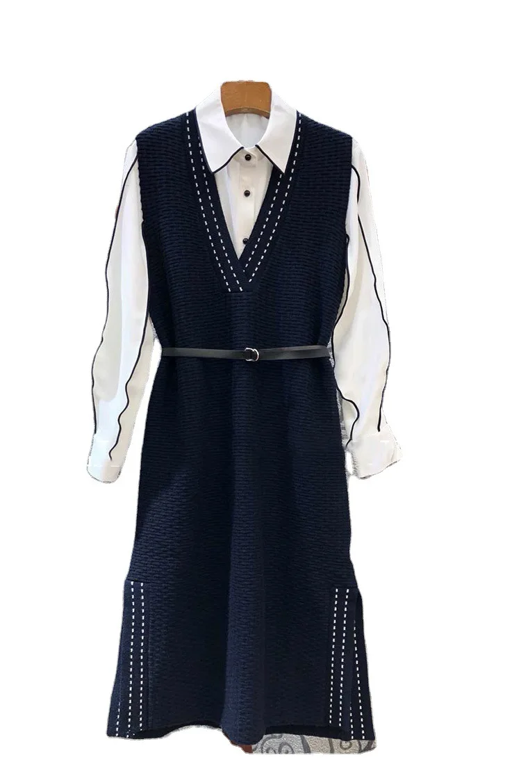 

2021 spring new fat mm large simple ol show thin women's knitting vest skirt shirt suit dress