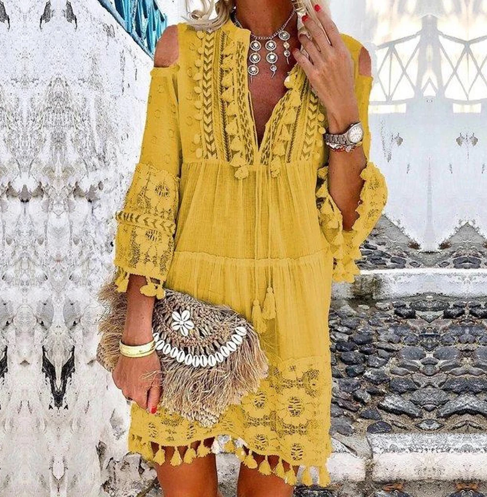Цвет: желтый Платье в стиле Boho-Chic с v-образным вырезом, женское однотонное Летнее льняное платье с кисточками в богемном стиле, платье с длинным рукавом размера плюс, женские платья - Цвет: Цвет: желтый
