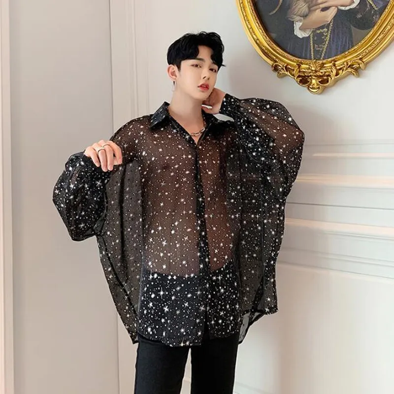 Летняя ультратонкая пикантная Мужская рубашка с принтом звезд винтажная