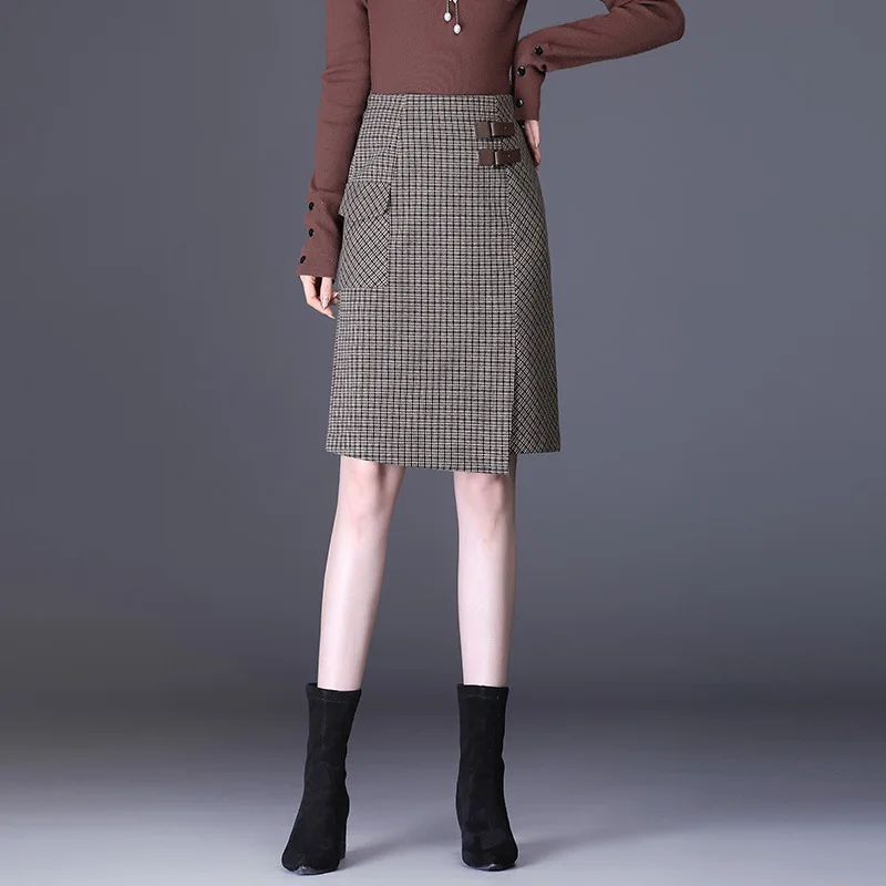 

Асимметричная шерстяная клетчатая облегающая юбка, Женская осенне-зимняя офисная облегающая юбка-карандаш до колена с высокой талией, 6119