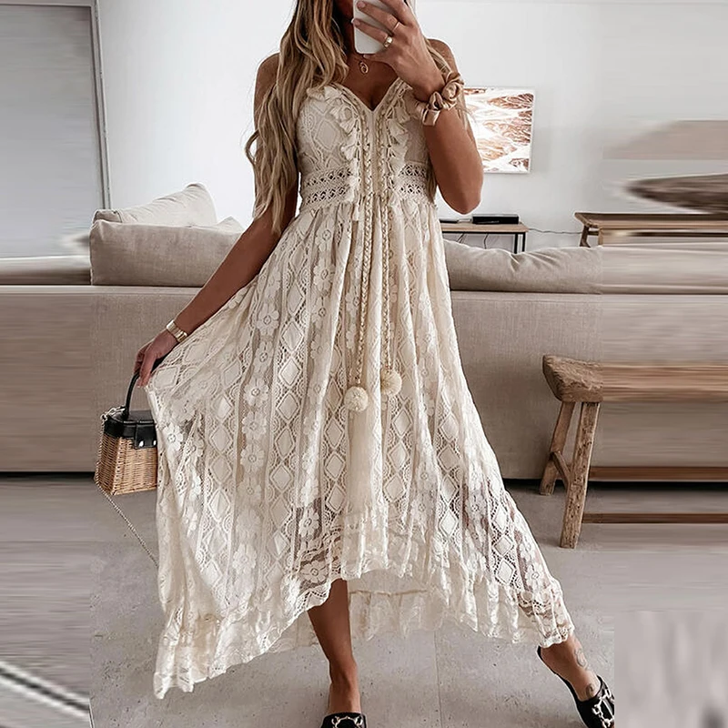 

Elegant V Neck Tassel Maxi Dress Women Summer Sexy Hollow Out Lace Sleeveless Off Shoulder Party Dress Bohemian Beach Dresses XL