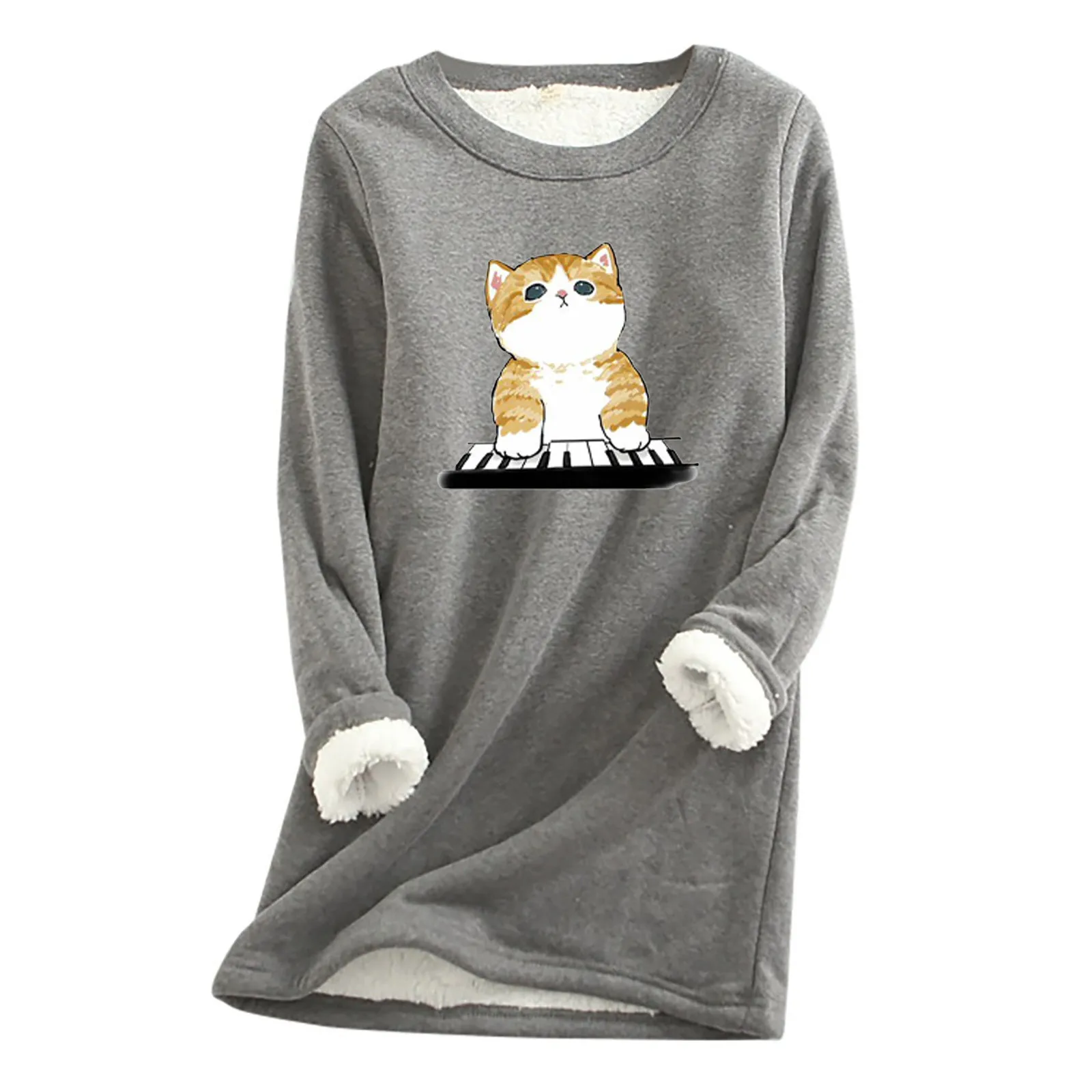 

Hoodie Women Thick Fleece Sweatshirt Velvet Warm O-neck Keep Warmer Clothes Top Cat Printed Hoodies Women Winter #8