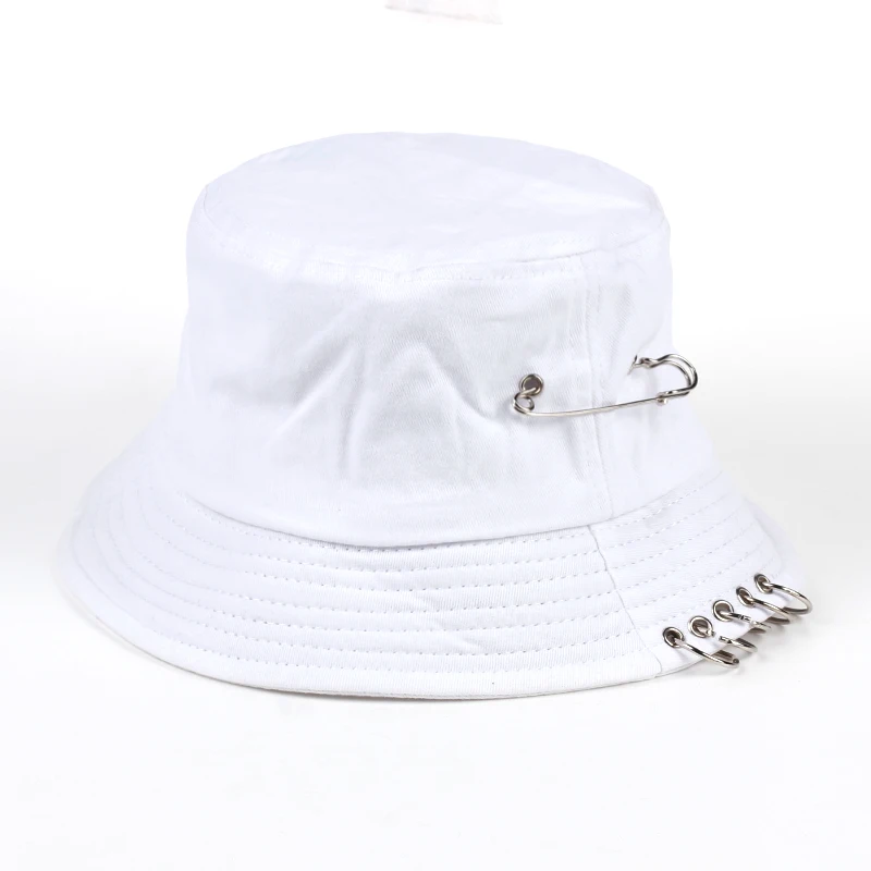 

Solid Color iron pin rings personality Bucket Hat cap for unisex women men cotton fishermen caps factory sells directly